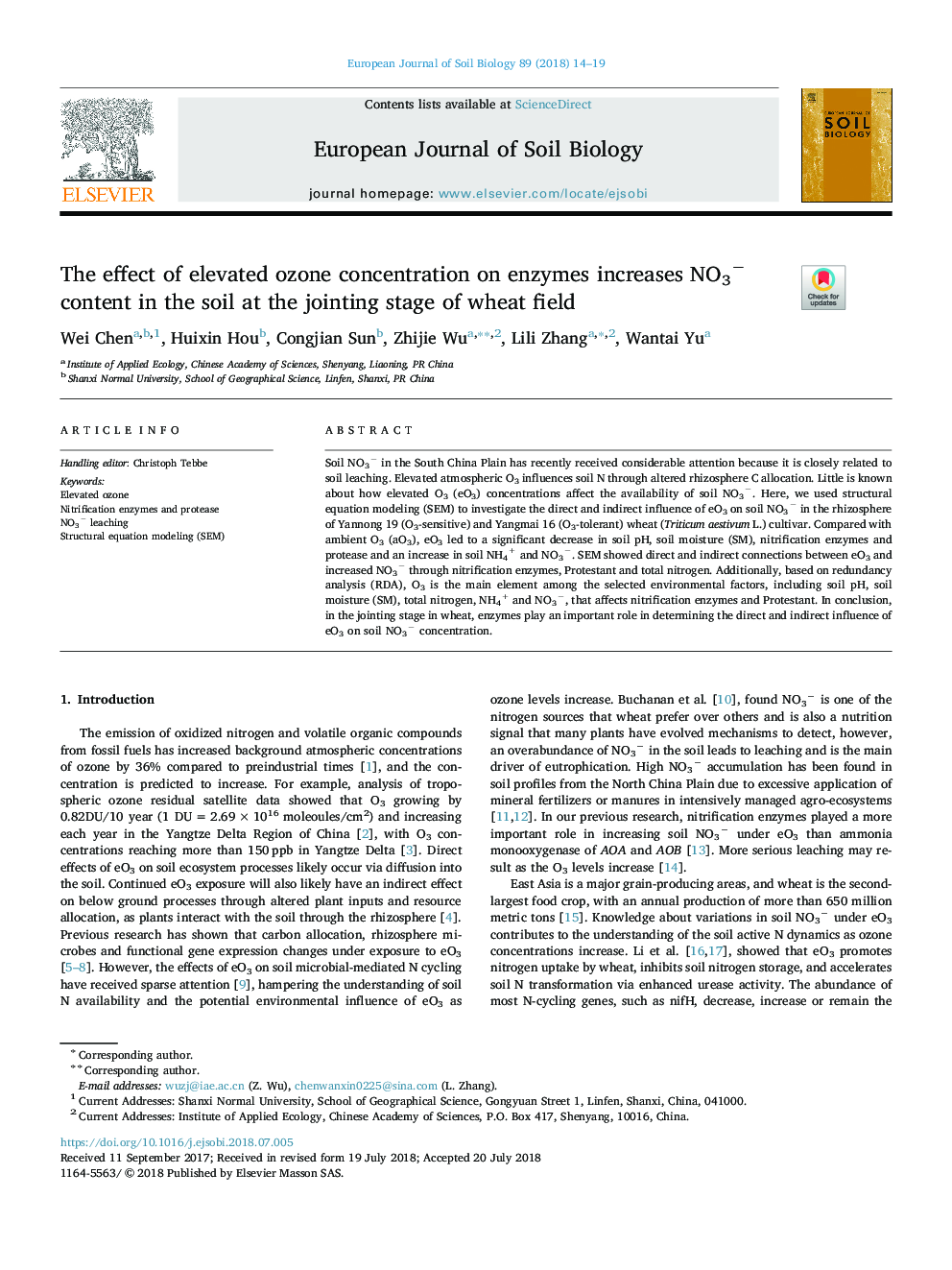 The effect of elevated ozone concentration on enzymes increases NO3â content in the soil at the jointing stage of wheat field