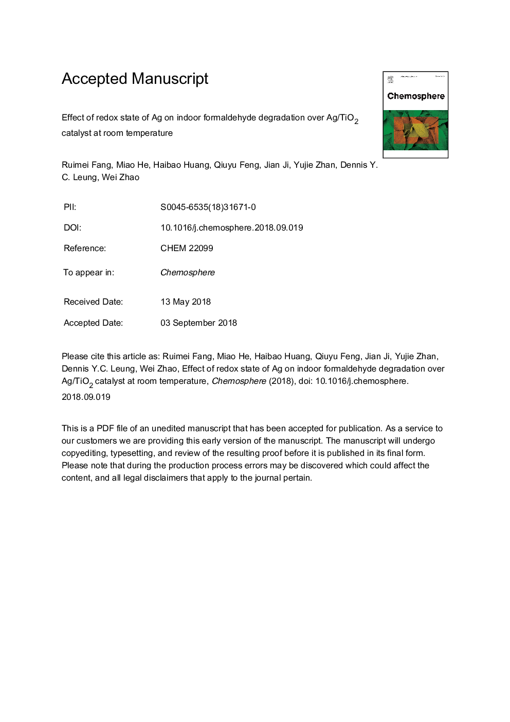 Effect of redox state of Ag on indoor formaldehyde degradation over Ag/TiO2 catalyst at room temperature