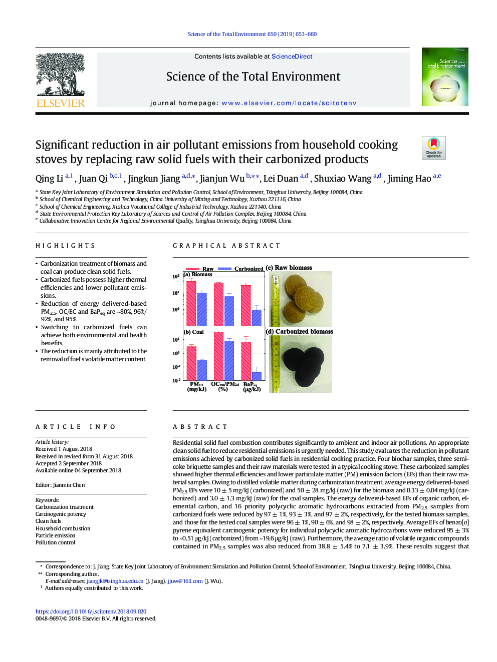 Significant reduction in air pollutant emissions from household cooking stoves by replacing raw solid fuels with their carbonized products