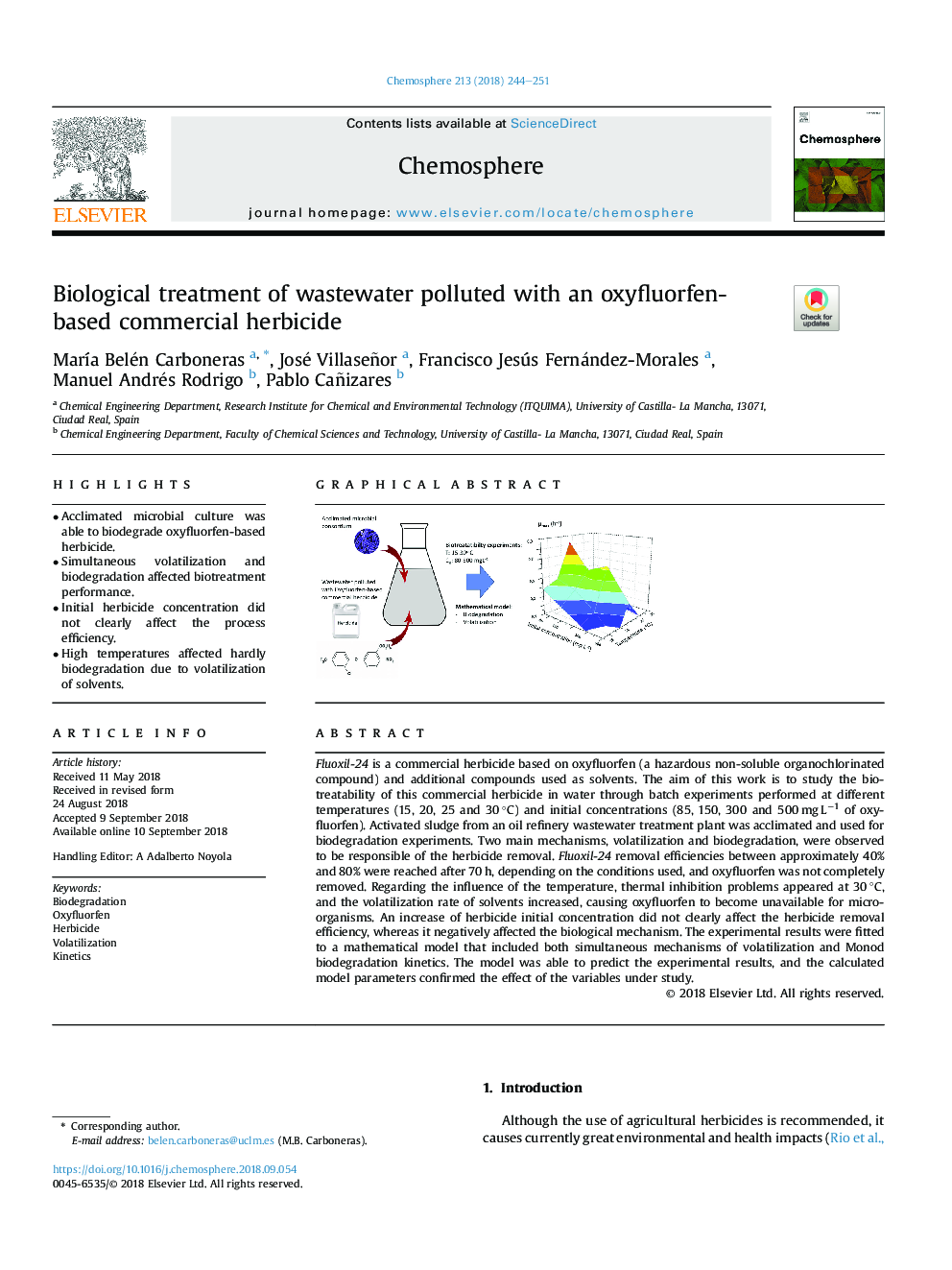 Biological treatment of wastewater polluted with an oxyfluorfen-based commercial herbicide