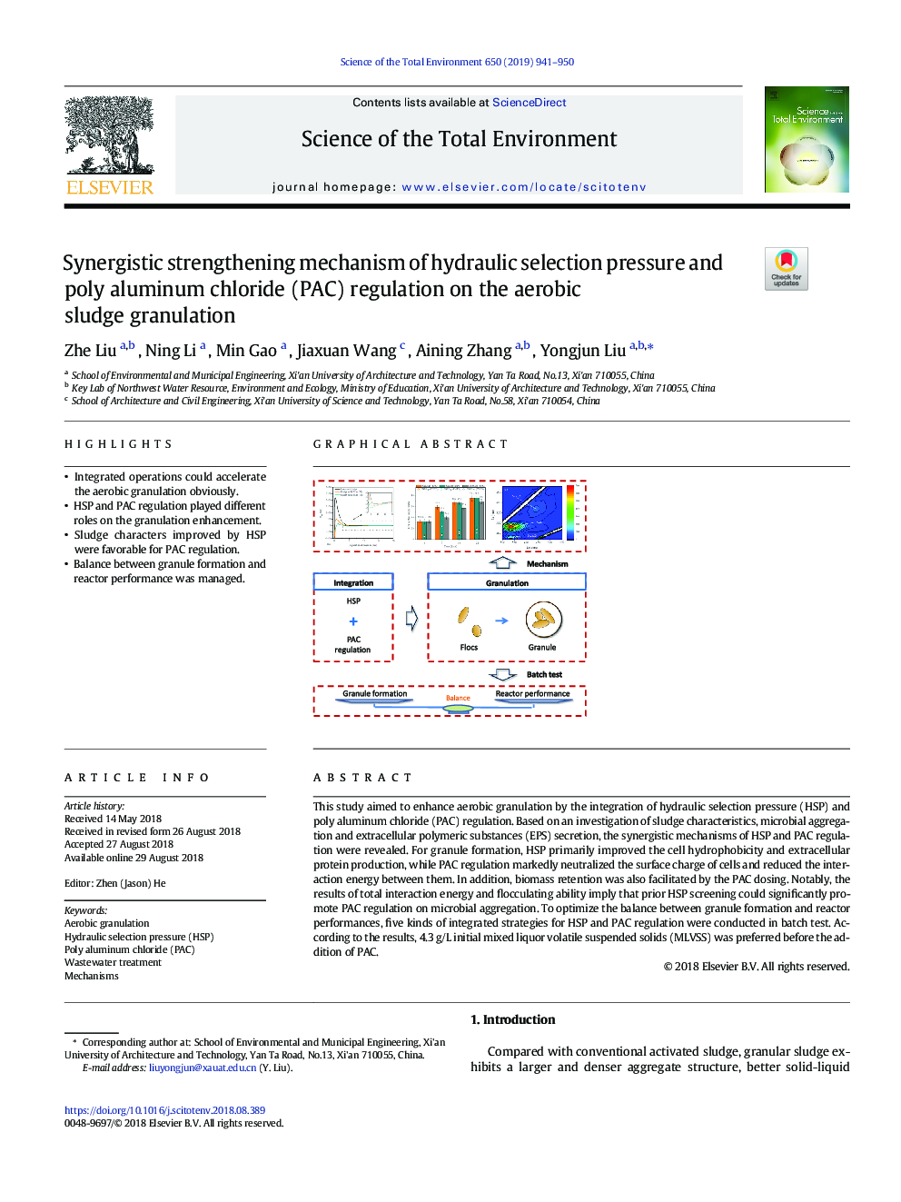 Synergistic strengthening mechanism of hydraulic selection pressure and poly aluminum chloride (PAC) regulation on the aerobic sludge granulation