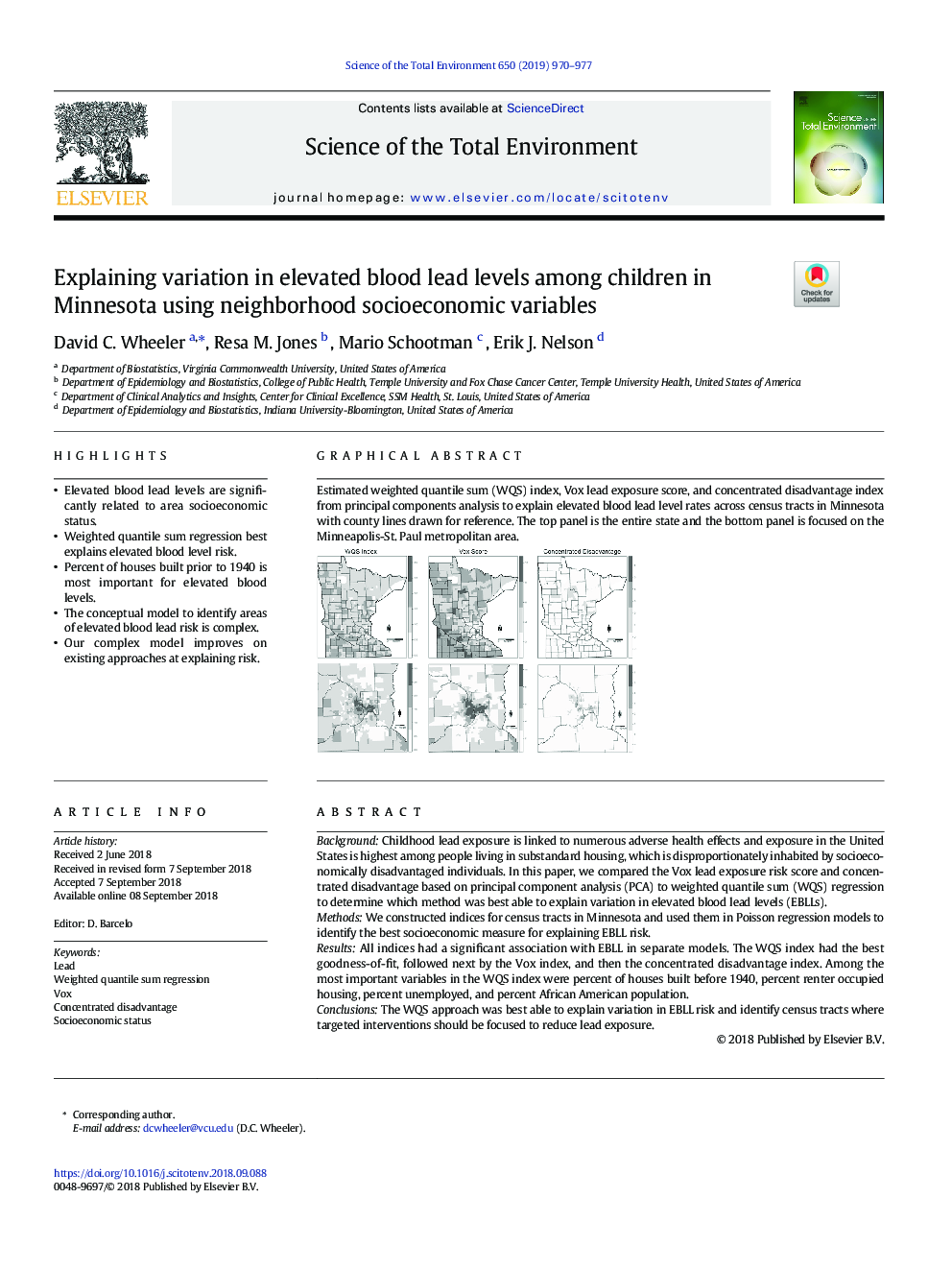 Explaining variation in elevated blood lead levels among children in Minnesota using neighborhood socioeconomic variables