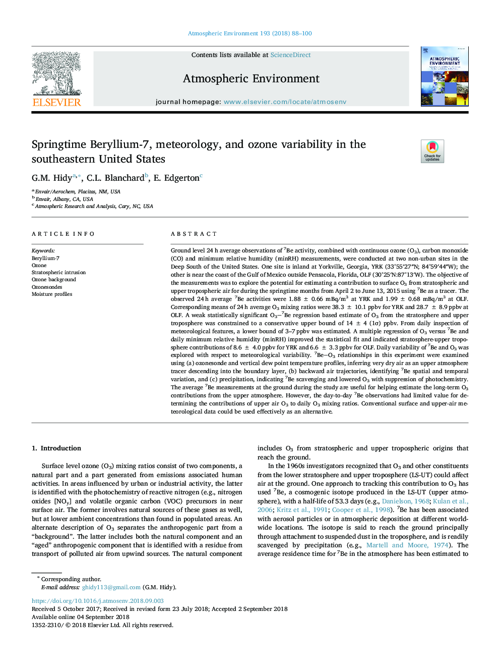 Springtime Beryllium-7, meteorology, and ozone variability in the southeastern United States