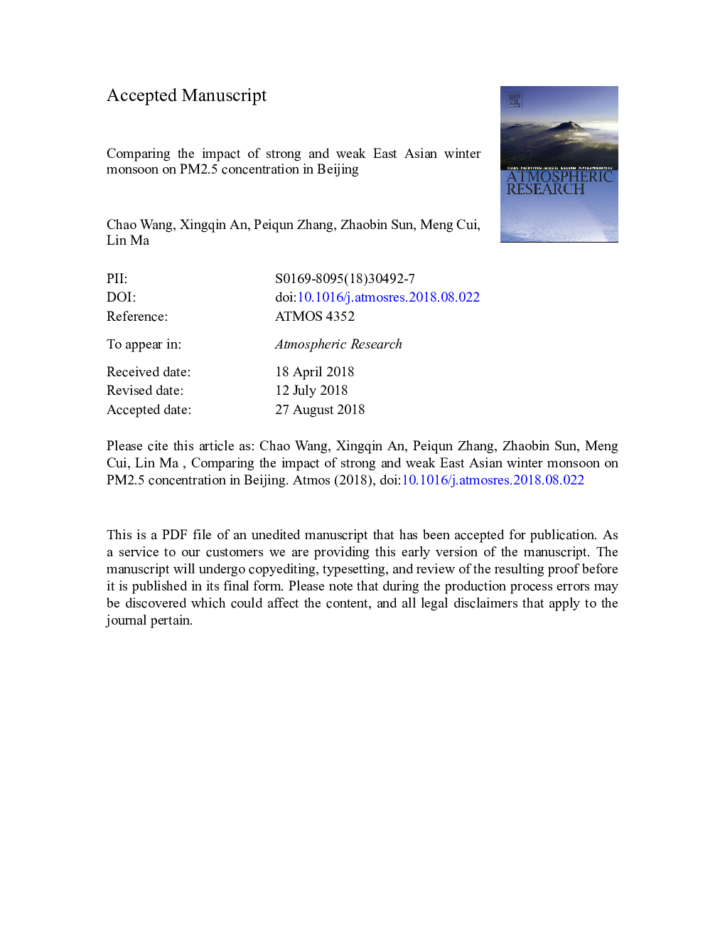 Comparing the impact of strong and weak East Asian winter monsoon on PM2.5 concentration in Beijing