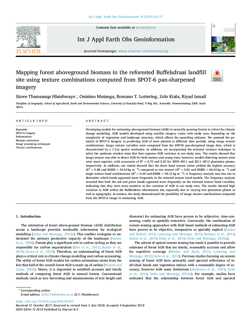 Mapping forest aboveground biomass in the reforested Buffelsdraai landfill site using texture combinations computed from SPOT-6 pan-sharpened imagery