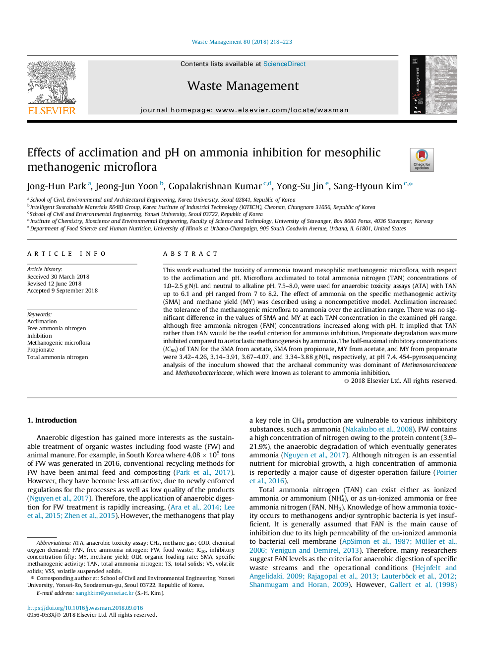 Effects of acclimation and pH on ammonia inhibition for mesophilic methanogenic microflora