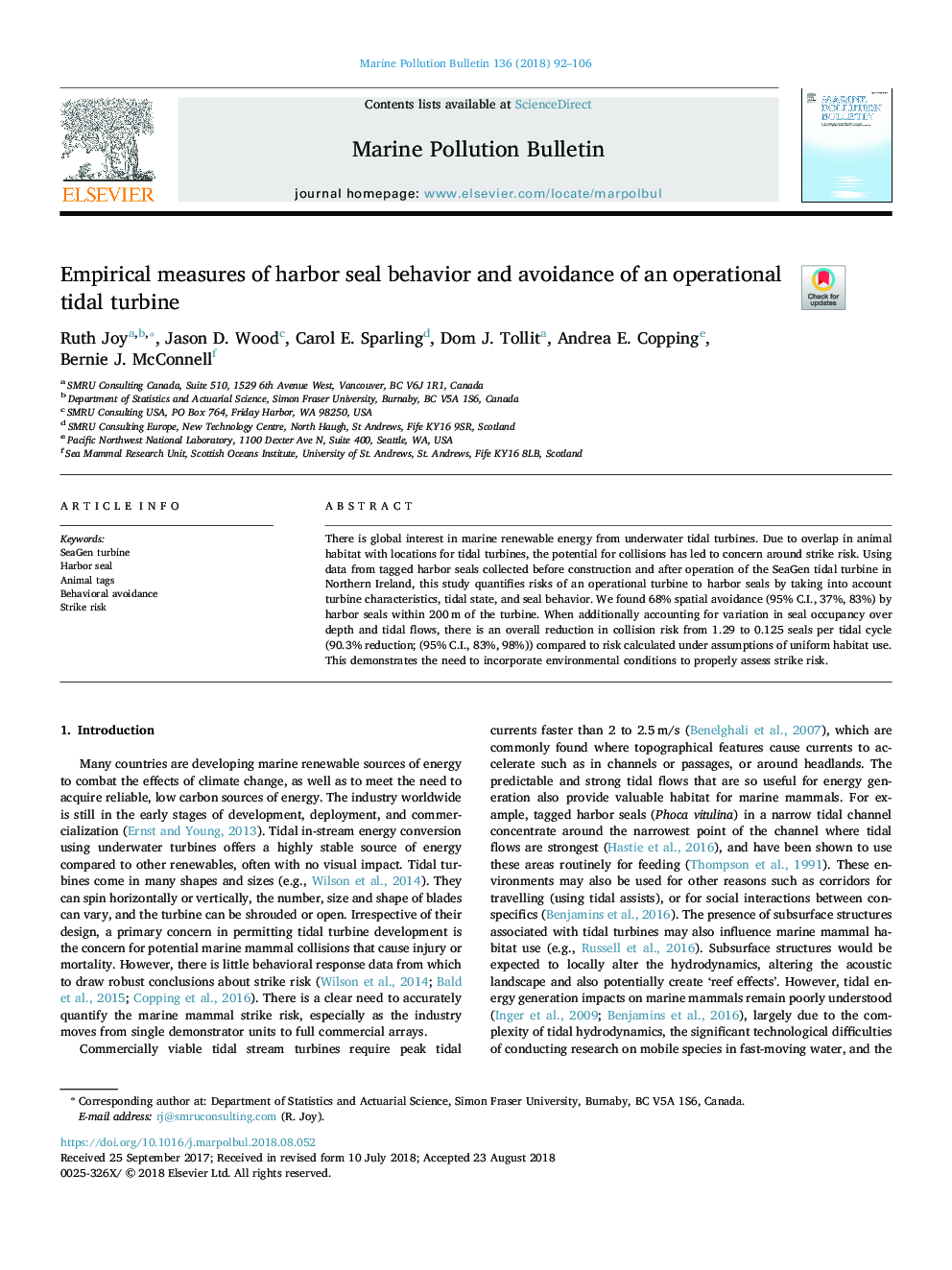 Empirical measures of harbor seal behavior and avoidance of an operational tidal turbine