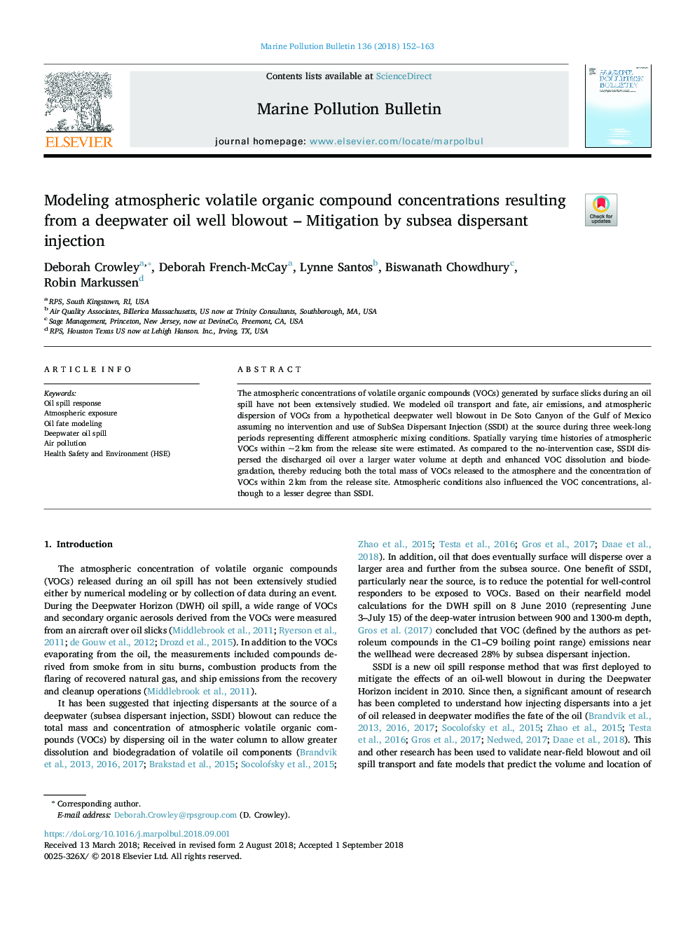 Modeling atmospheric volatile organic compound concentrations resulting from a deepwater oil well blowout - Mitigation by subsea dispersant injection