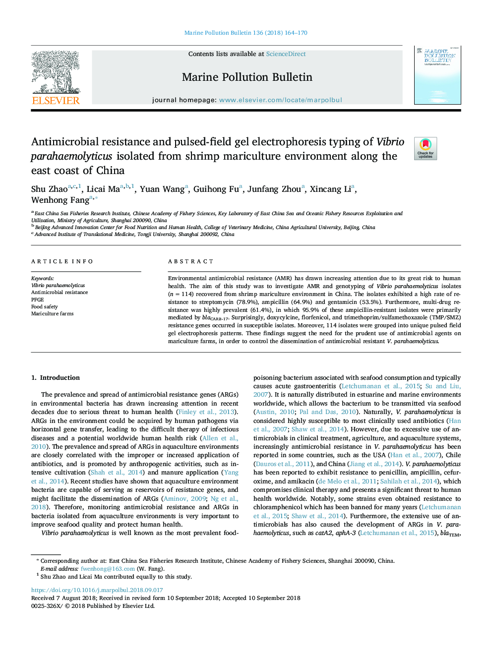 Antimicrobial resistance and pulsed-field gel electrophoresis typing of Vibrio parahaemolyticus isolated from shrimp mariculture environment along the east coast of China