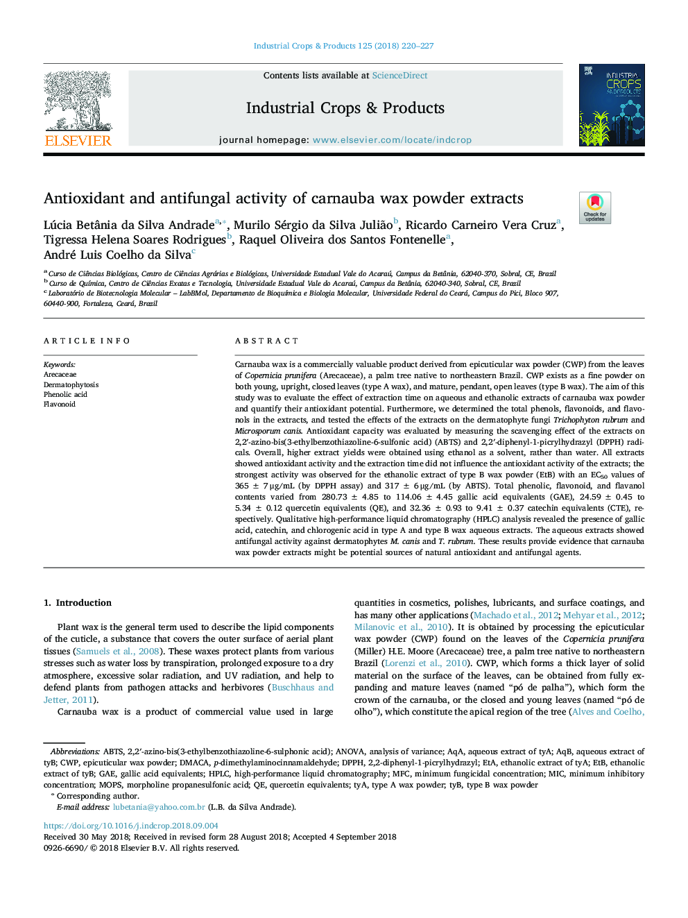 Antioxidant and antifungal activity of carnauba wax powder extracts