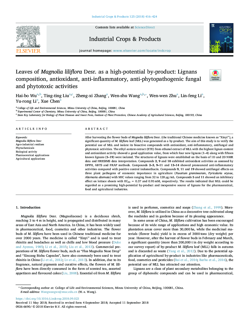 Leaves of Magnolia liliflora Desr. as a high-potential by-product: Lignans composition, antioxidant, anti-inflammatory, anti-phytopathogenic fungal and phytotoxic activities