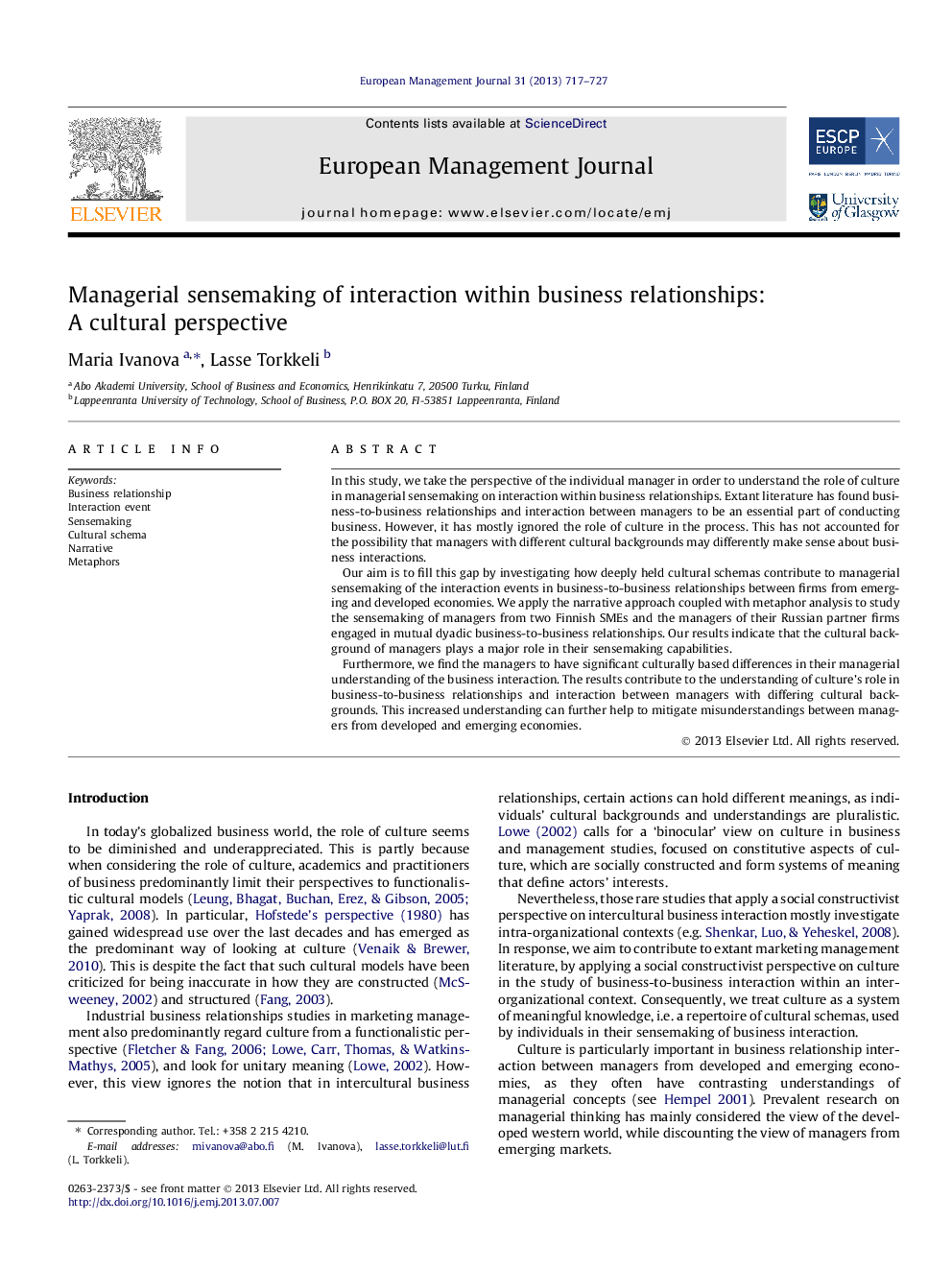 Managerial sensemaking of interaction within business relationships: A cultural perspective