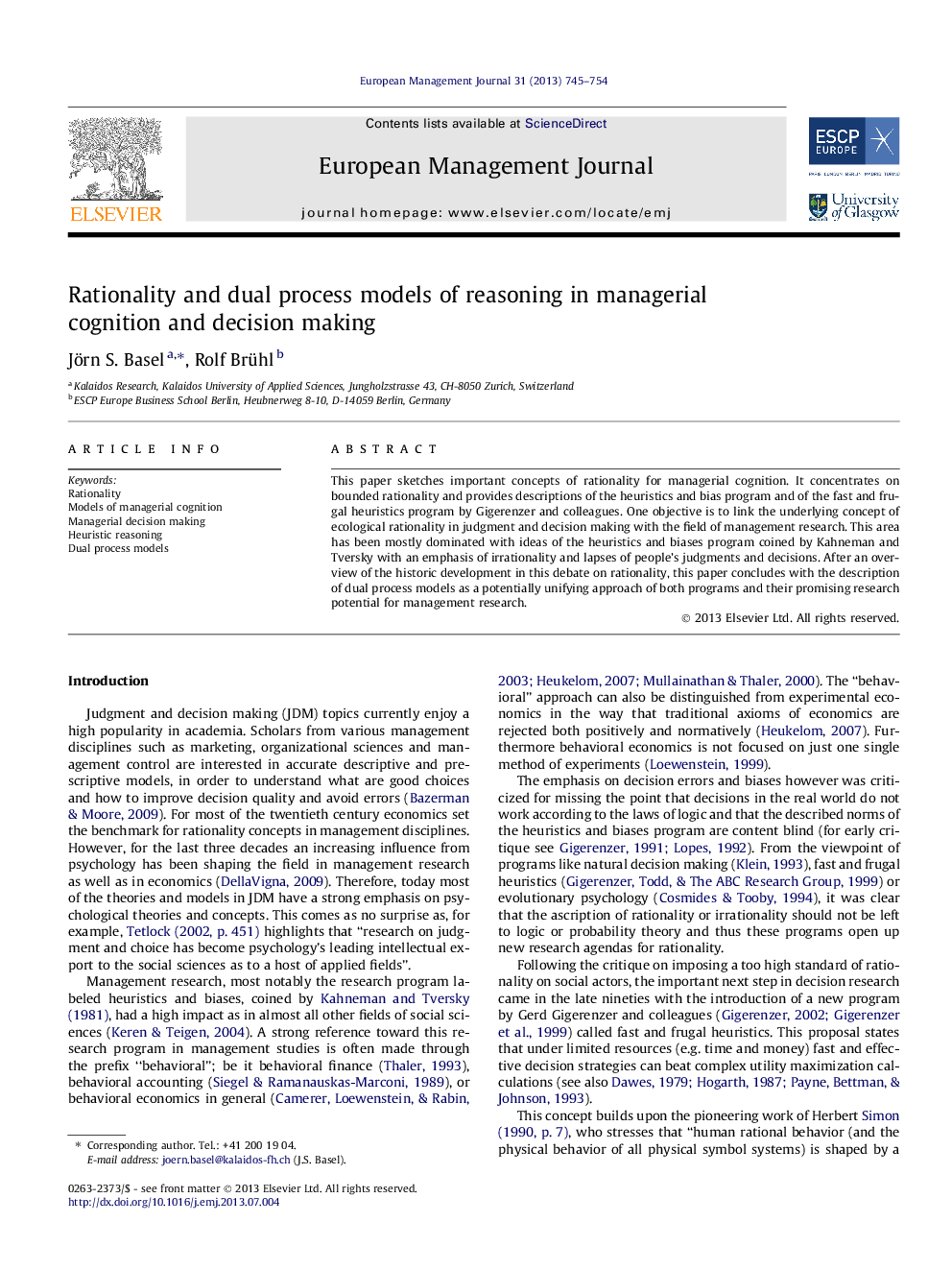 Rationality and dual process models of reasoning in managerial cognition and decision making