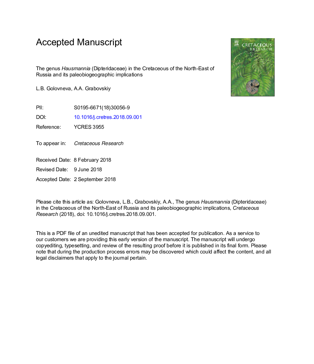 The genus Hausmannia (Dipteridaceae) in the Cretaceous of the North-East of Russia and its paleobiogeographic implications