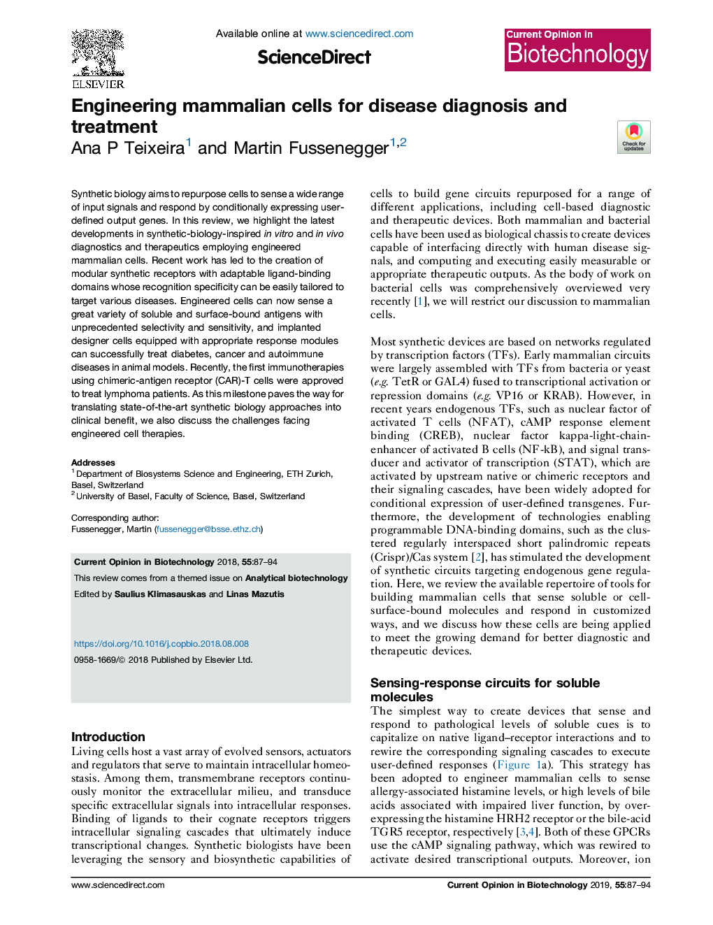 Engineering mammalian cells for disease diagnosis and treatment