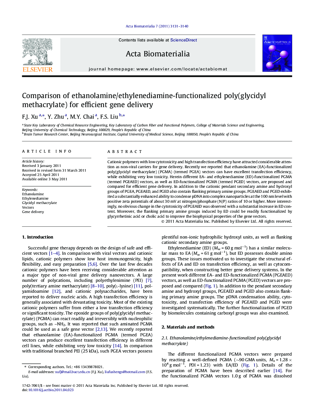 Comparison of ethanolamine/ethylenediamine-functionalized poly(glycidyl methacrylate) for efficient gene delivery