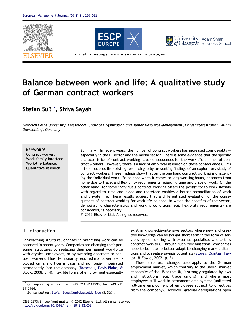 Balance between work and life: A qualitative study of German contract workers