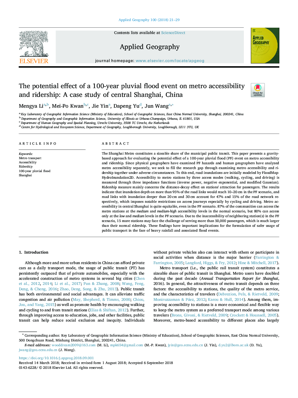 The potential effect of a 100-year pluvial flood event on metro accessibility and ridership: A case study of central Shanghai, China