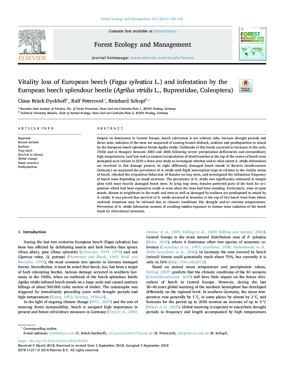 Vitality loss of European beech (Fagus sylvatica L.) and infestation by the European beech splendour beetle (Agrilus viridis L., Buprestidae, Coleoptera)