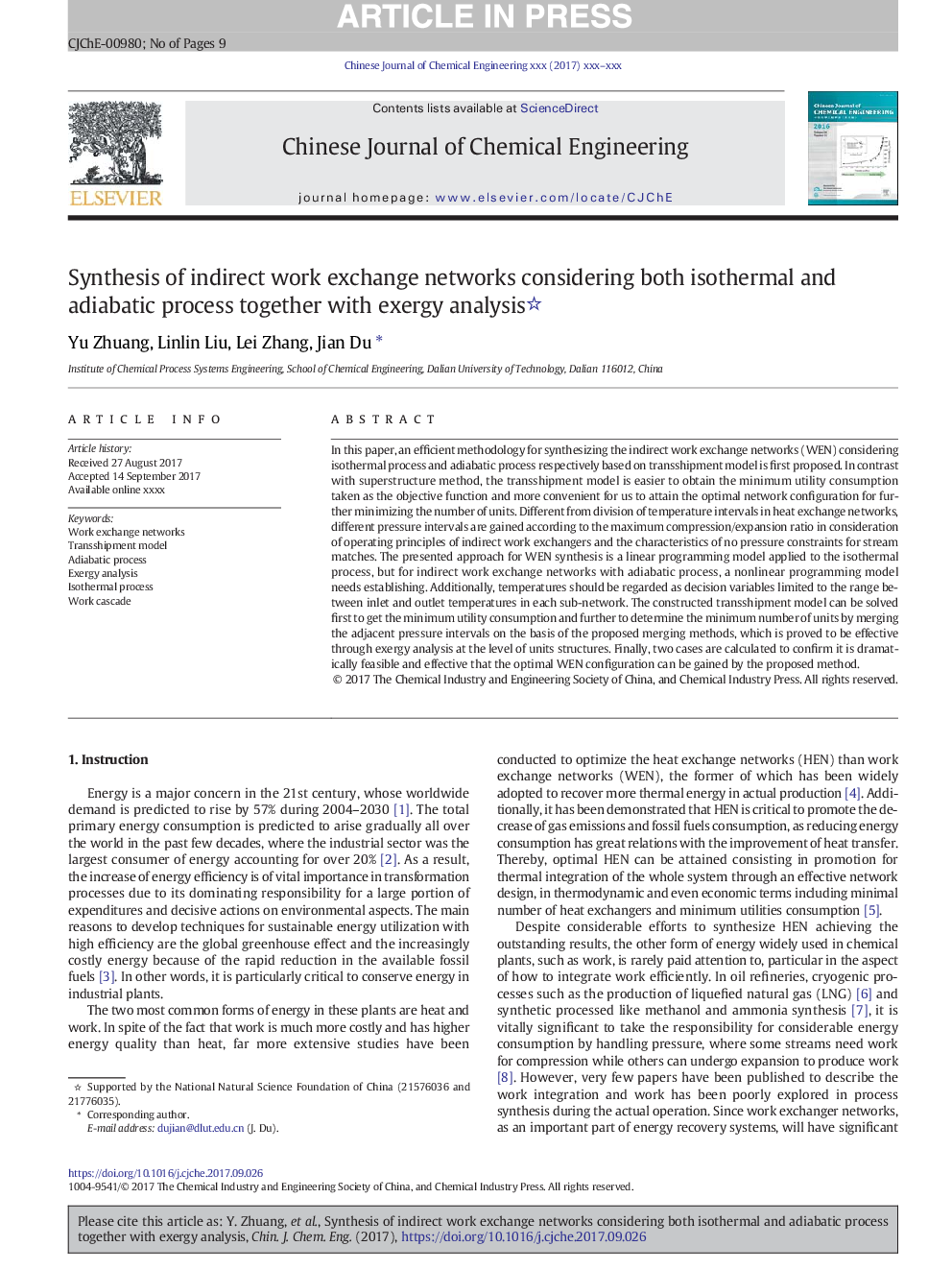 Synthesis of indirect work exchange networks considering both isothermal and adiabatic process together with exergy analysis