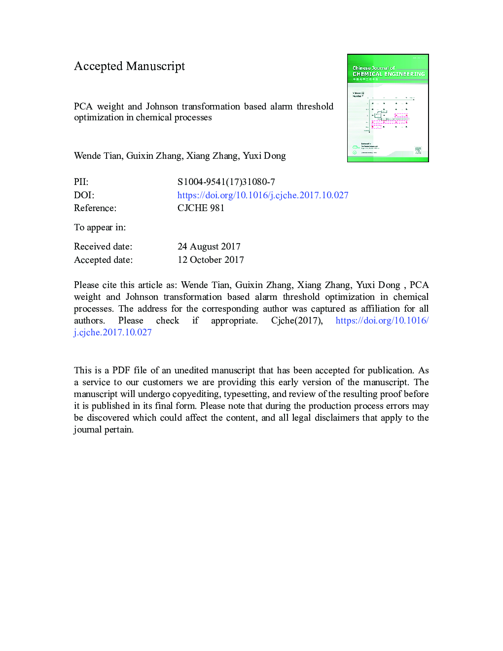 PCA weight and Johnson transformation based alarm threshold optimization in chemical processes