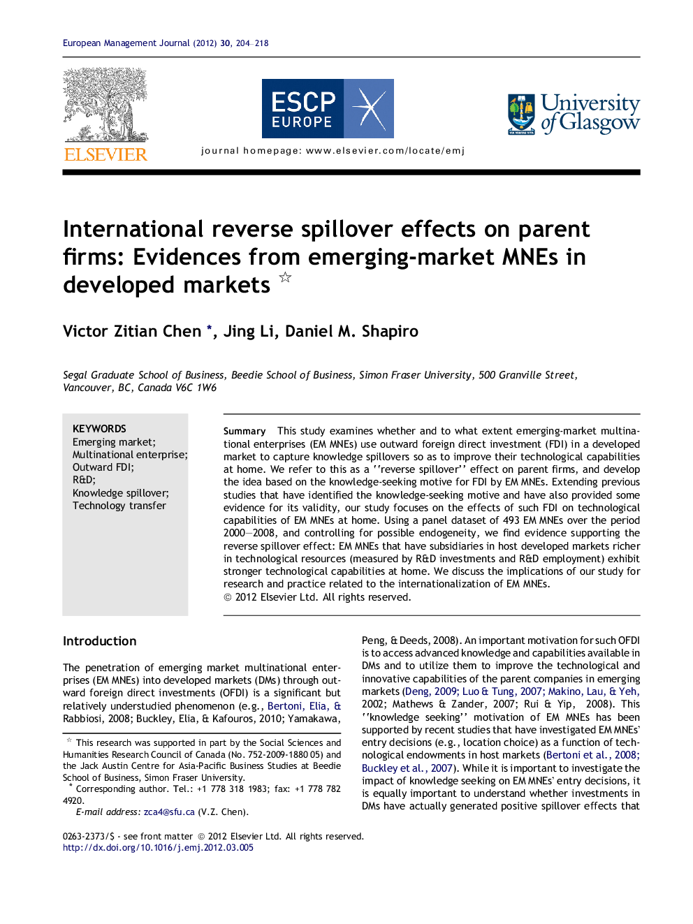 International reverse spillover effects on parent firms: Evidences from emerging-market MNEs in developed markets 