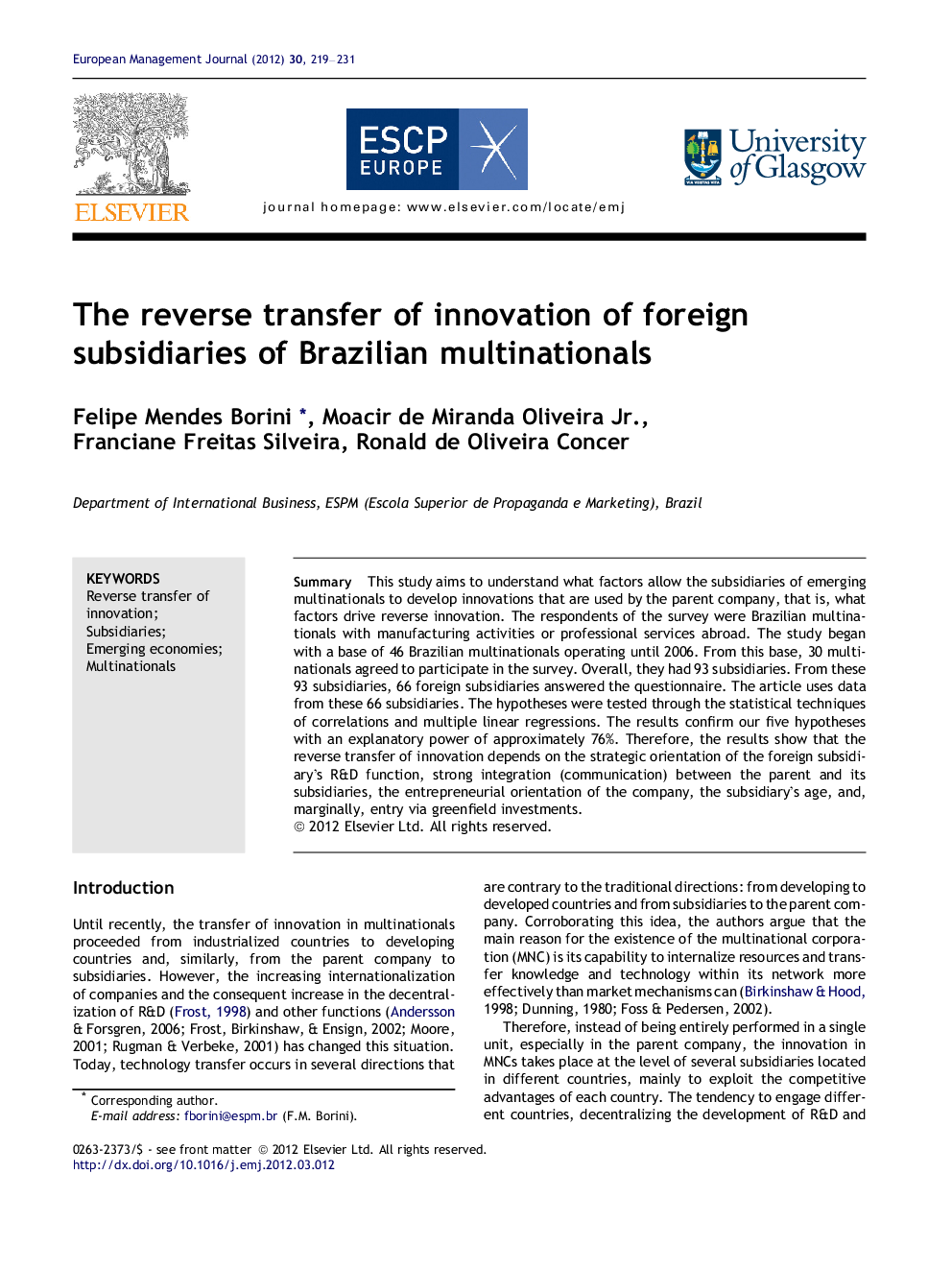 The reverse transfer of innovation of foreign subsidiaries of Brazilian multinationals