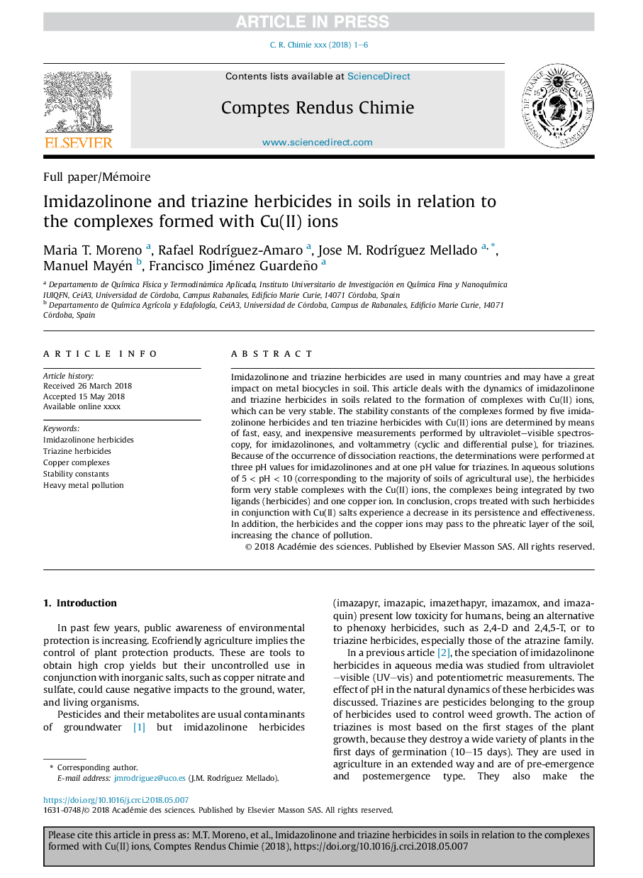 Imidazolinone and triazine herbicides in soils in relation to the complexes formed with Cu(II) ions