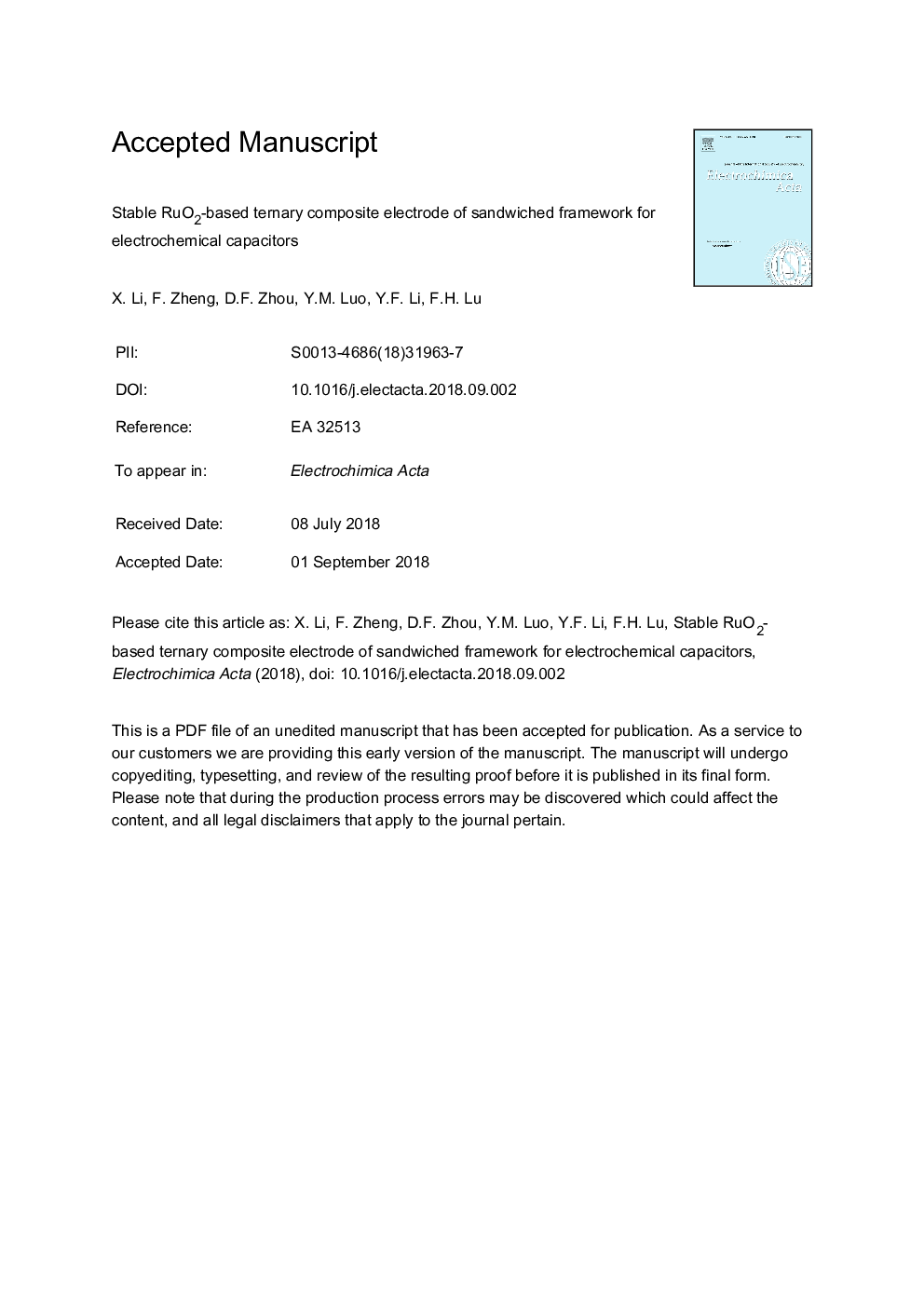 Stable RuO2-based ternary composite electrode of sandwiched framework for electrochemical capacitors