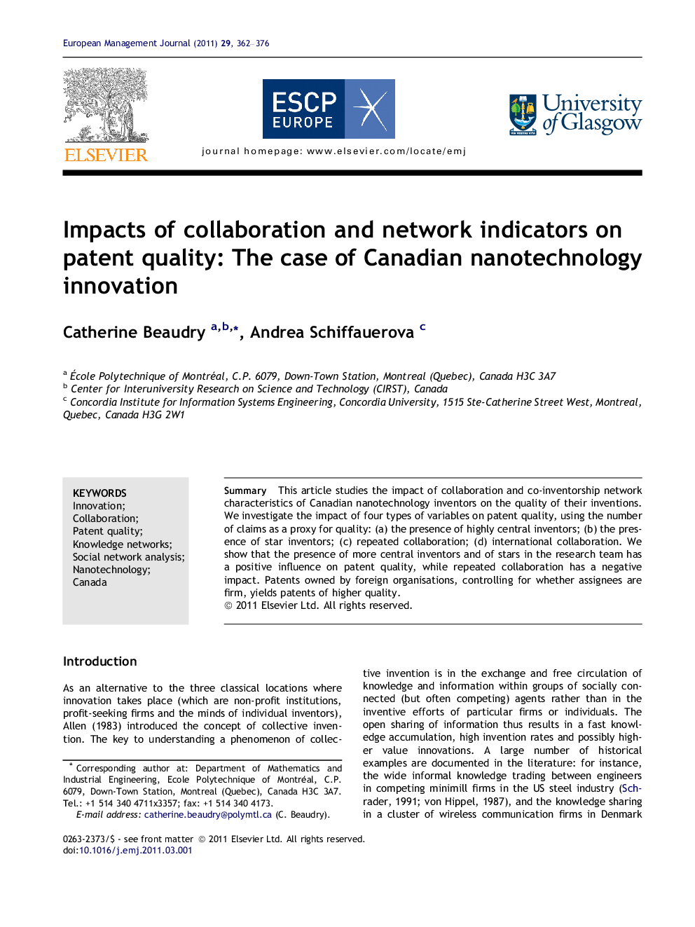 Impacts of collaboration and network indicators on patent quality: The case of Canadian nanotechnology innovation