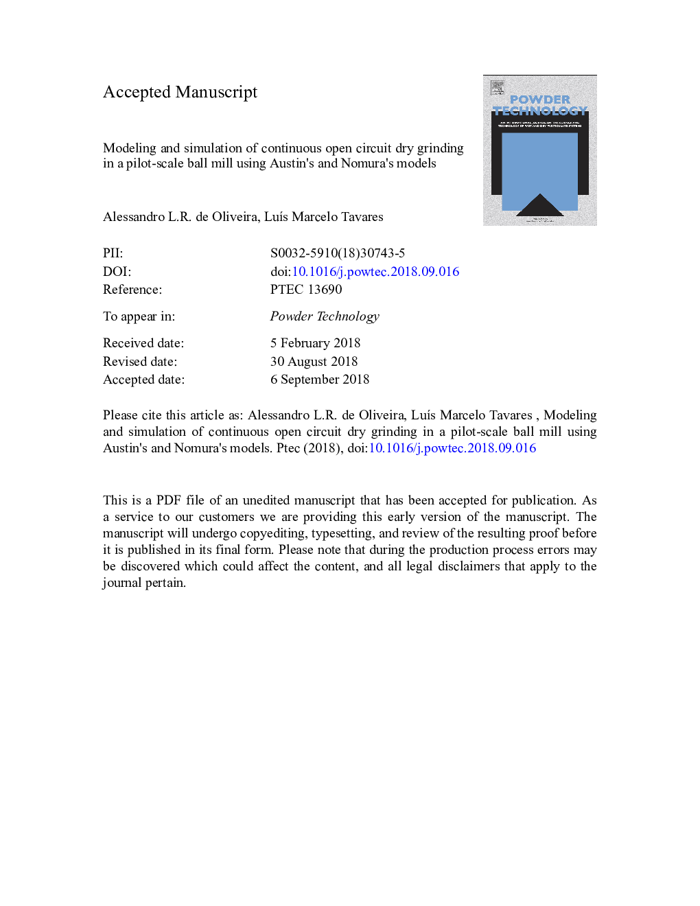 Modeling and simulation of continuous open circuit dry grinding in a pilot-scale ball mill using Austin's and Nomura's models