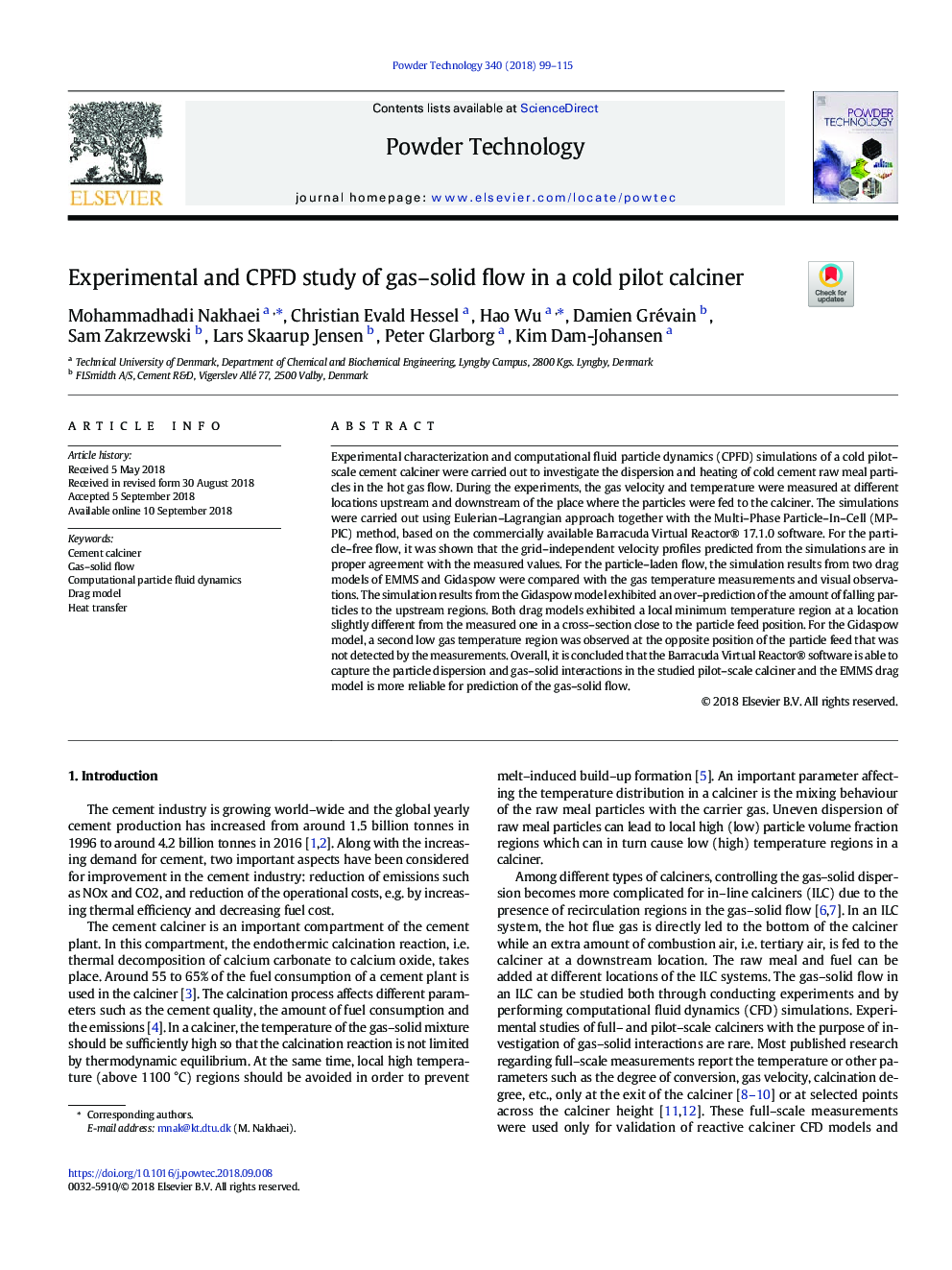 Experimental and CPFD study of gas-solid flow in a cold pilot calciner