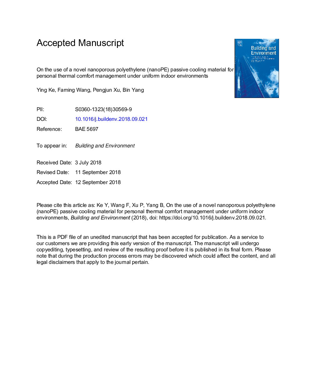 On the use of a novel nanoporous polyethylene (nanoPE) passive cooling material for personal thermal comfort management under uniform indoor environments