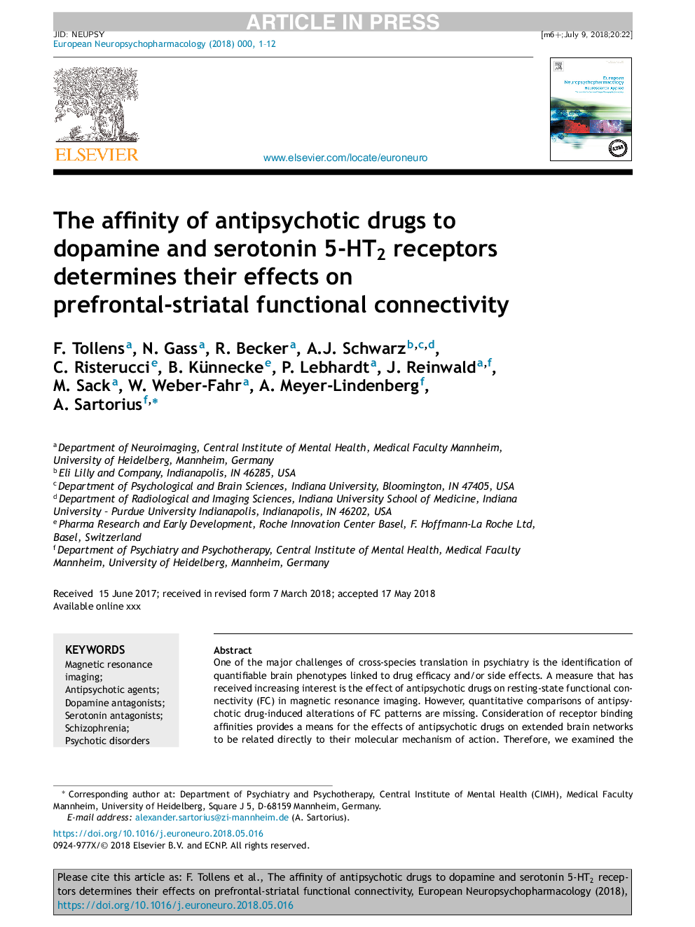 The affinity of antipsychotic drugs to dopamine and serotonin 5-HT2 receptors determines their effects on prefrontal-striatal functional connectivity