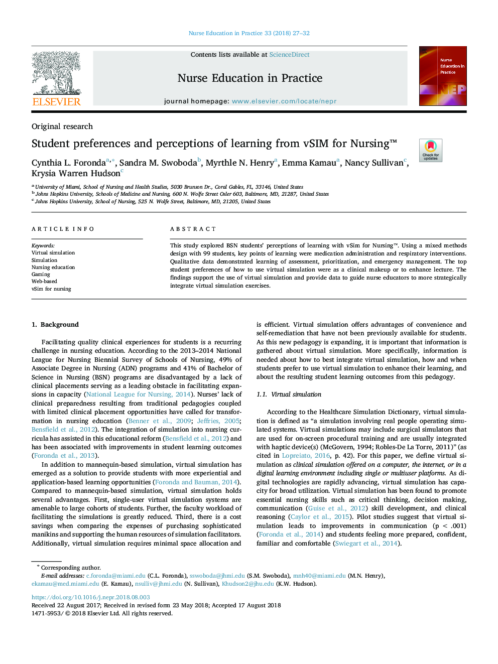 Student preferences and perceptions of learning from vSIM for Nursingâ¢