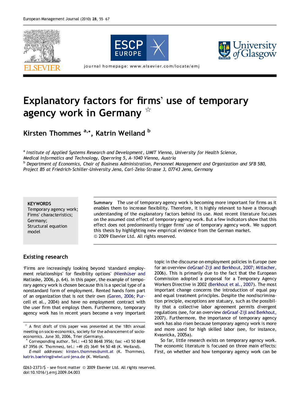 Explanatory factors for firms’ use of temporary agency work in Germany 