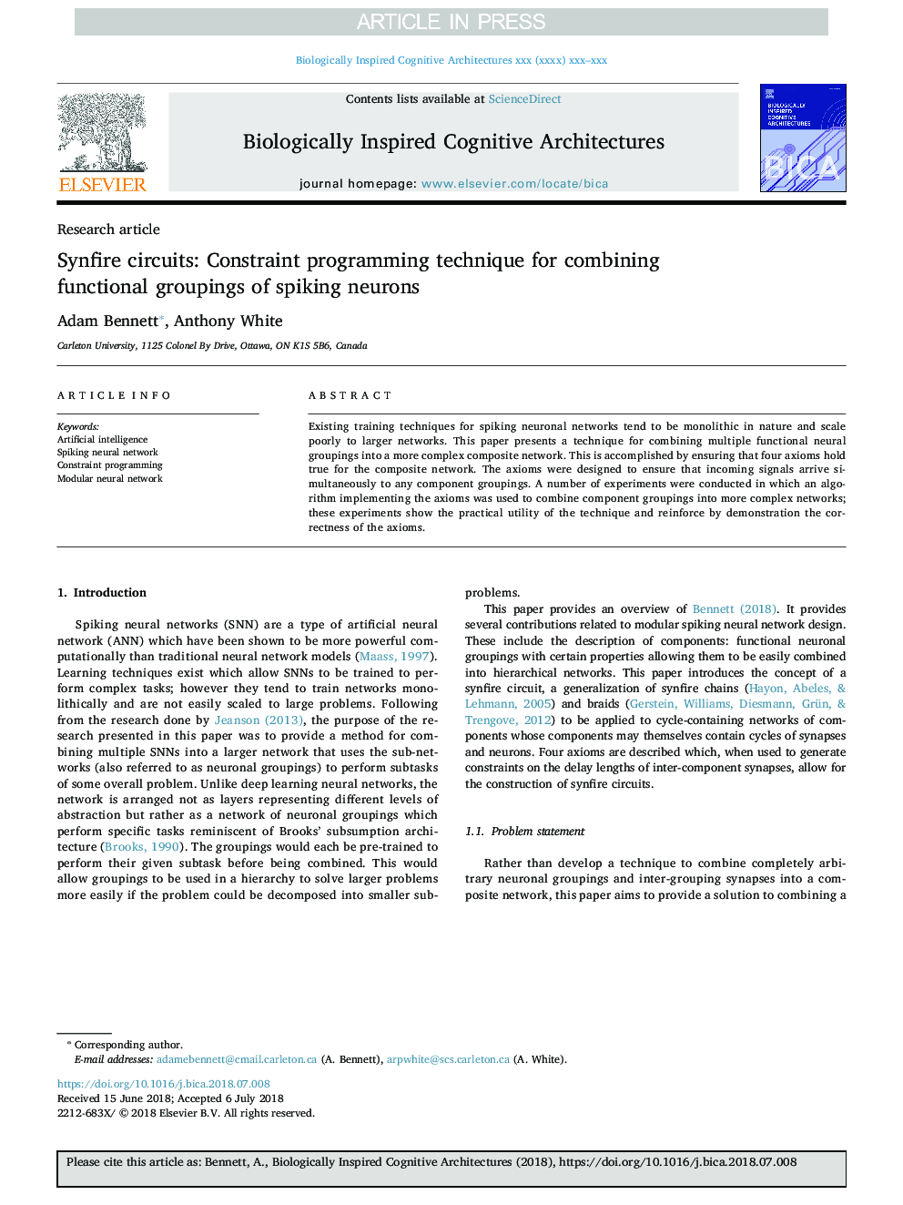 Synfire circuits: Constraint programming technique for combining functional groupings of spiking neurons