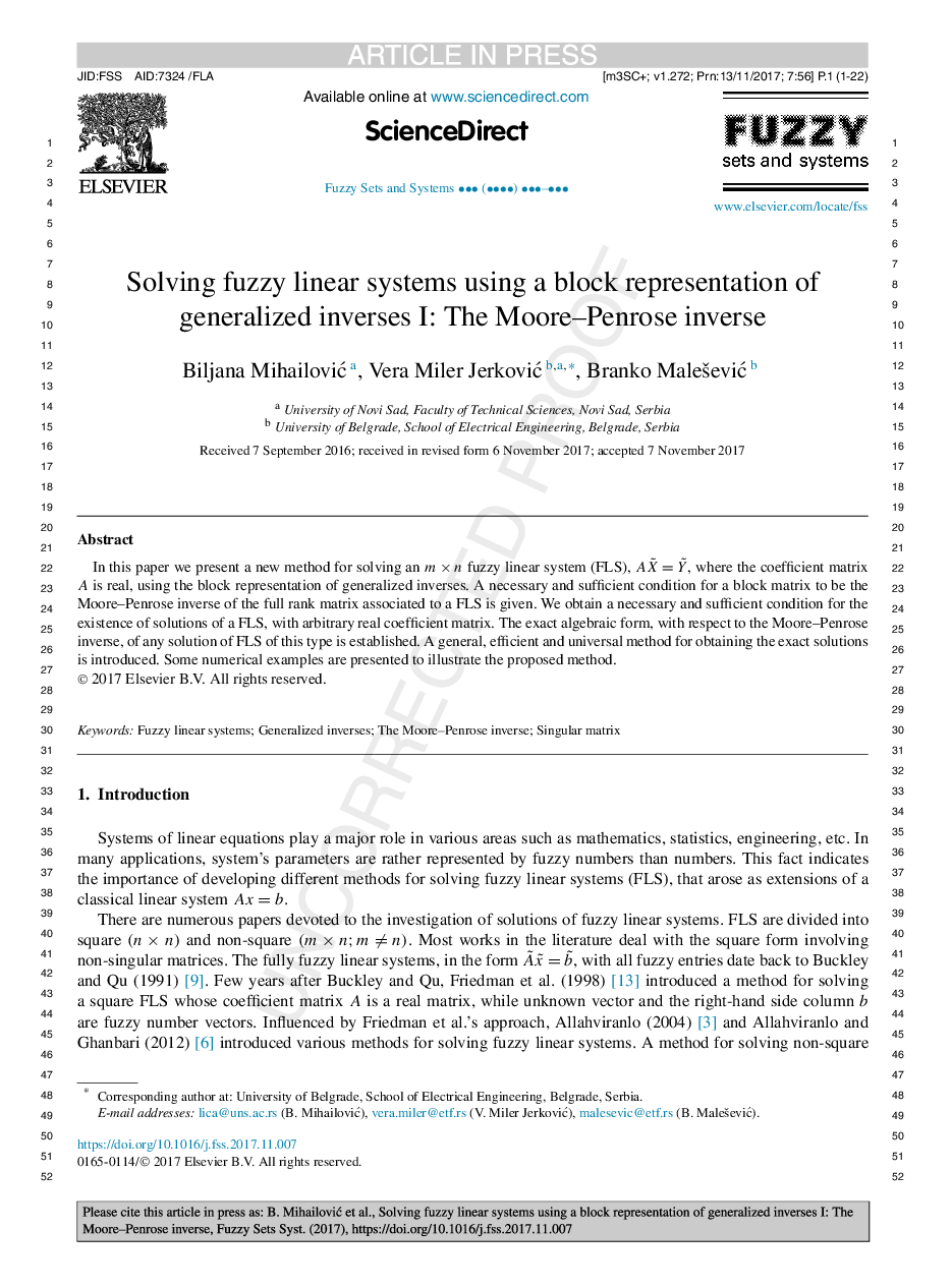 Solving fuzzy linear systems using a block representation of generalized inverses: The Moore-Penrose inverse