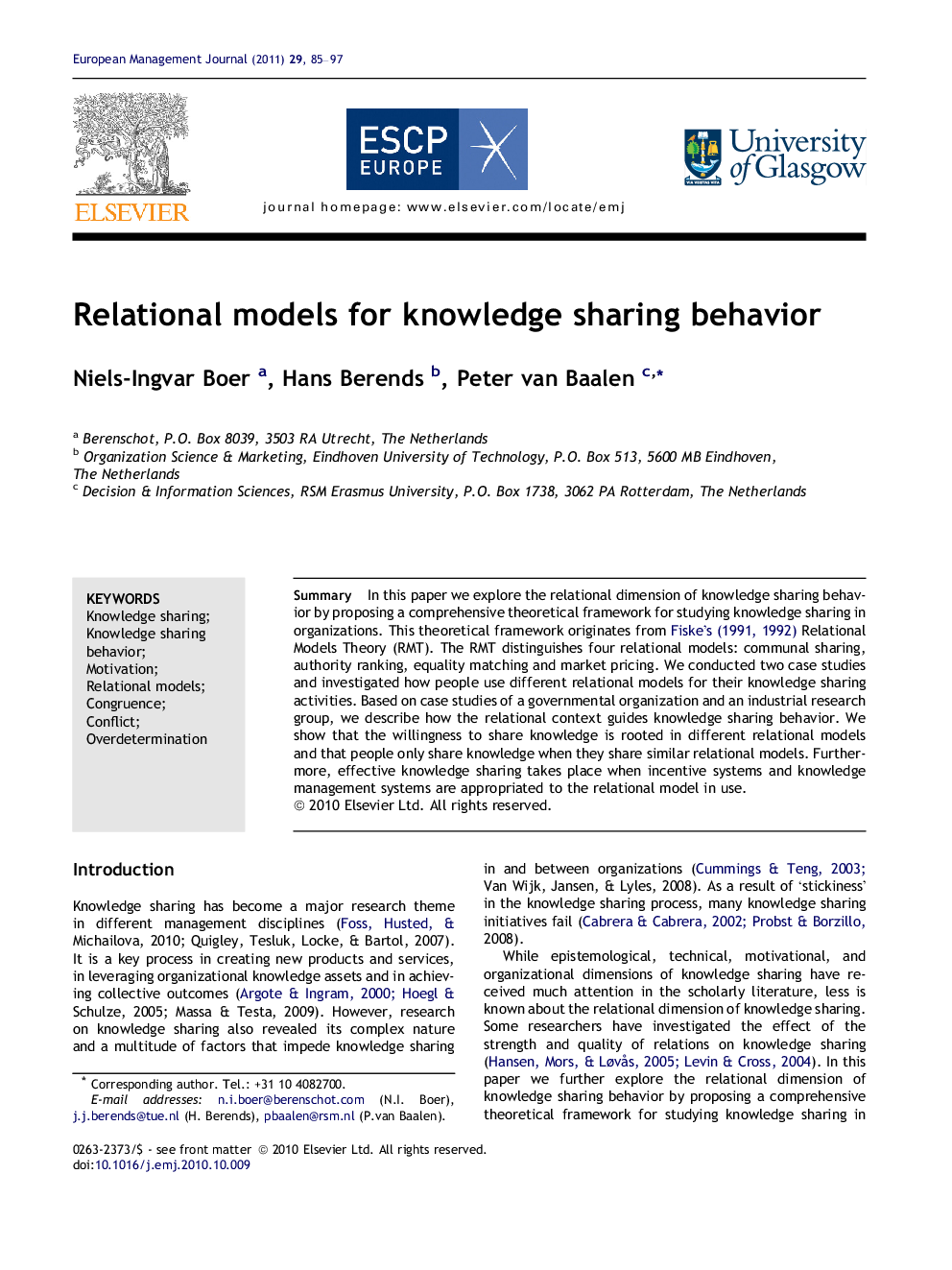 Relational models for knowledge sharing behavior