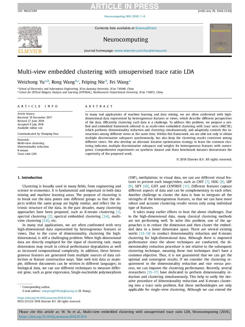 عکس صفحه اول مقاله: Multi-view embedded clustering with unsupervised trace ratio LDA Multi-view embedded clustering with unsupervised trace ratio LDA