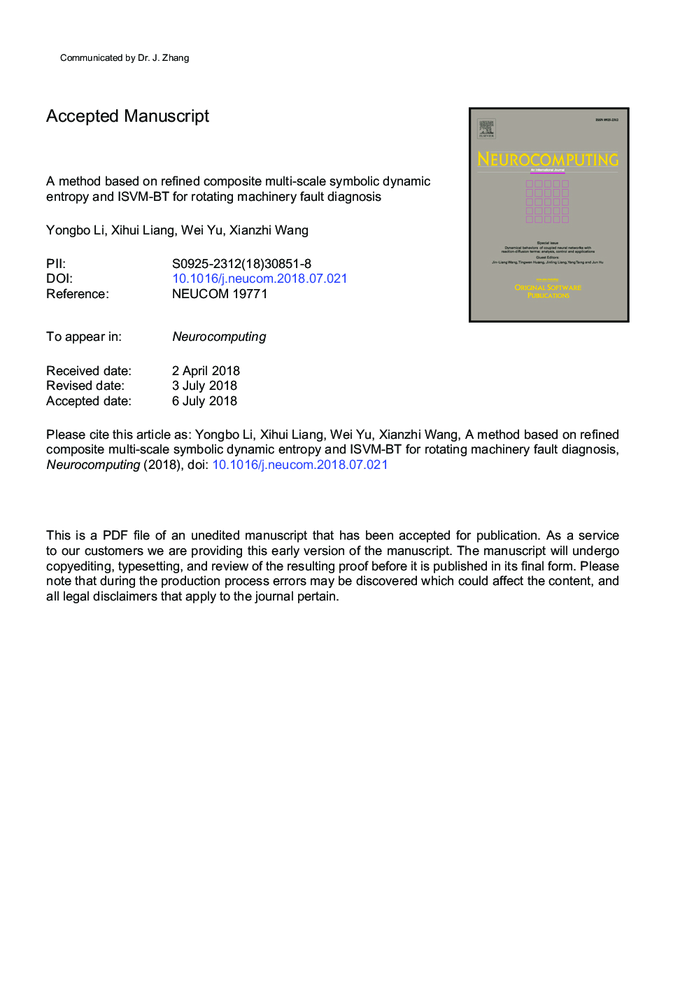 A method based on refined composite multi-scale symbolic dynamic entropy and ISVM-BT for rotating machinery fault diagnosis