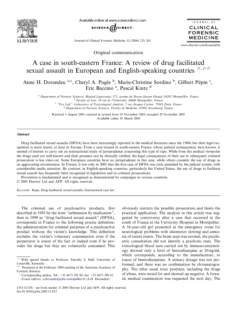 A case in south-eastern France: A review of drug facilitated sexual assault in European and English-speaking countries 