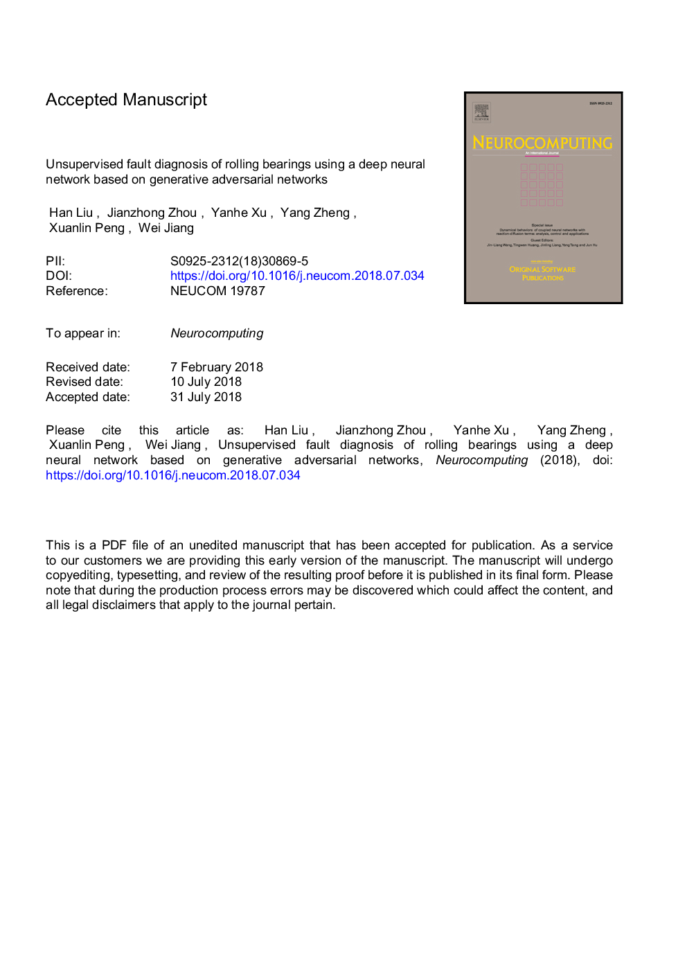 Unsupervised fault diagnosis of rolling bearings using a deep neural network based on generative adversarial networks