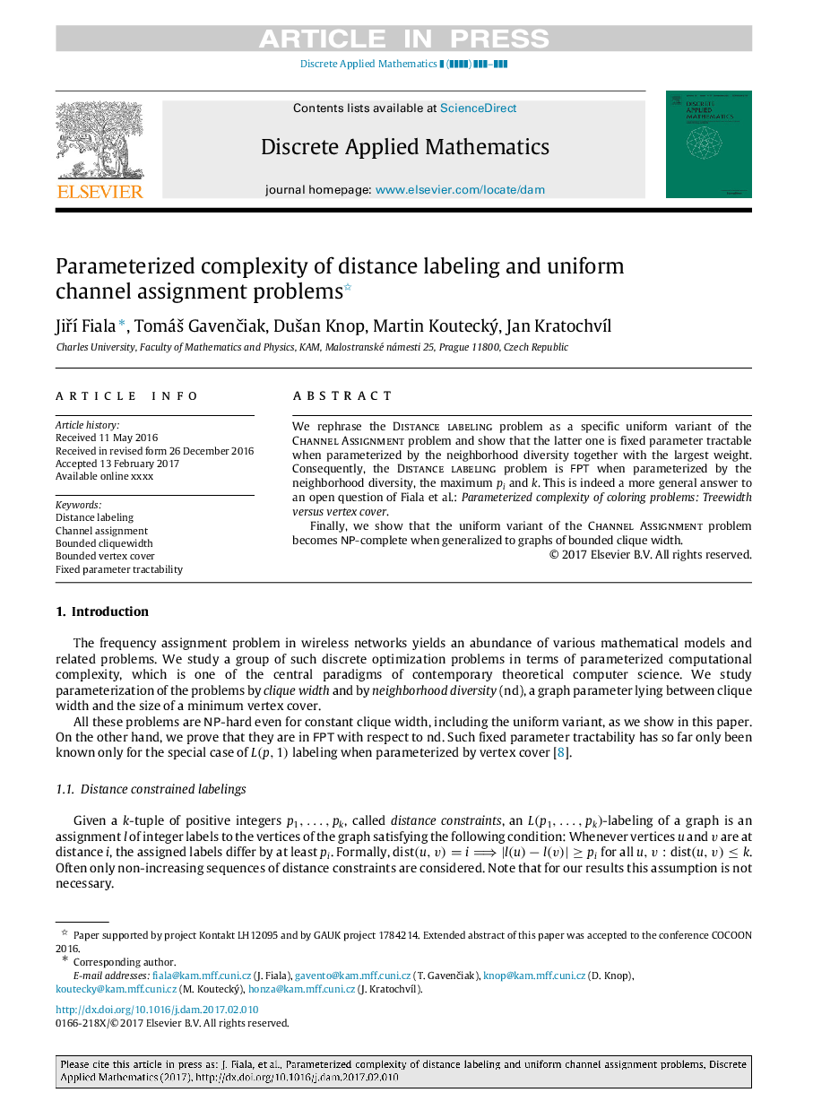 Parameterized complexity of distance labeling and uniform channel assignment problems