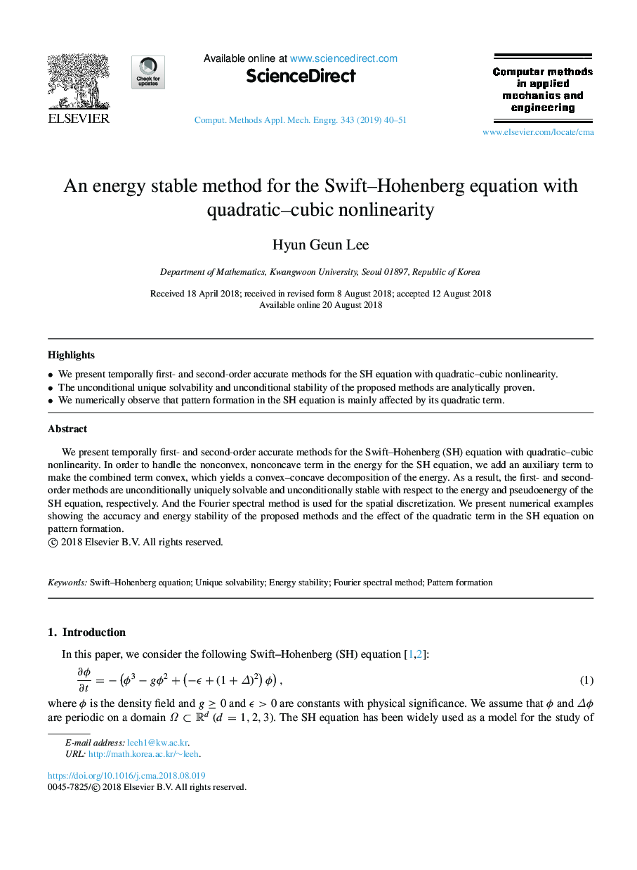 An energy stable method for the Swift-Hohenberg equation with quadratic-cubic nonlinearity