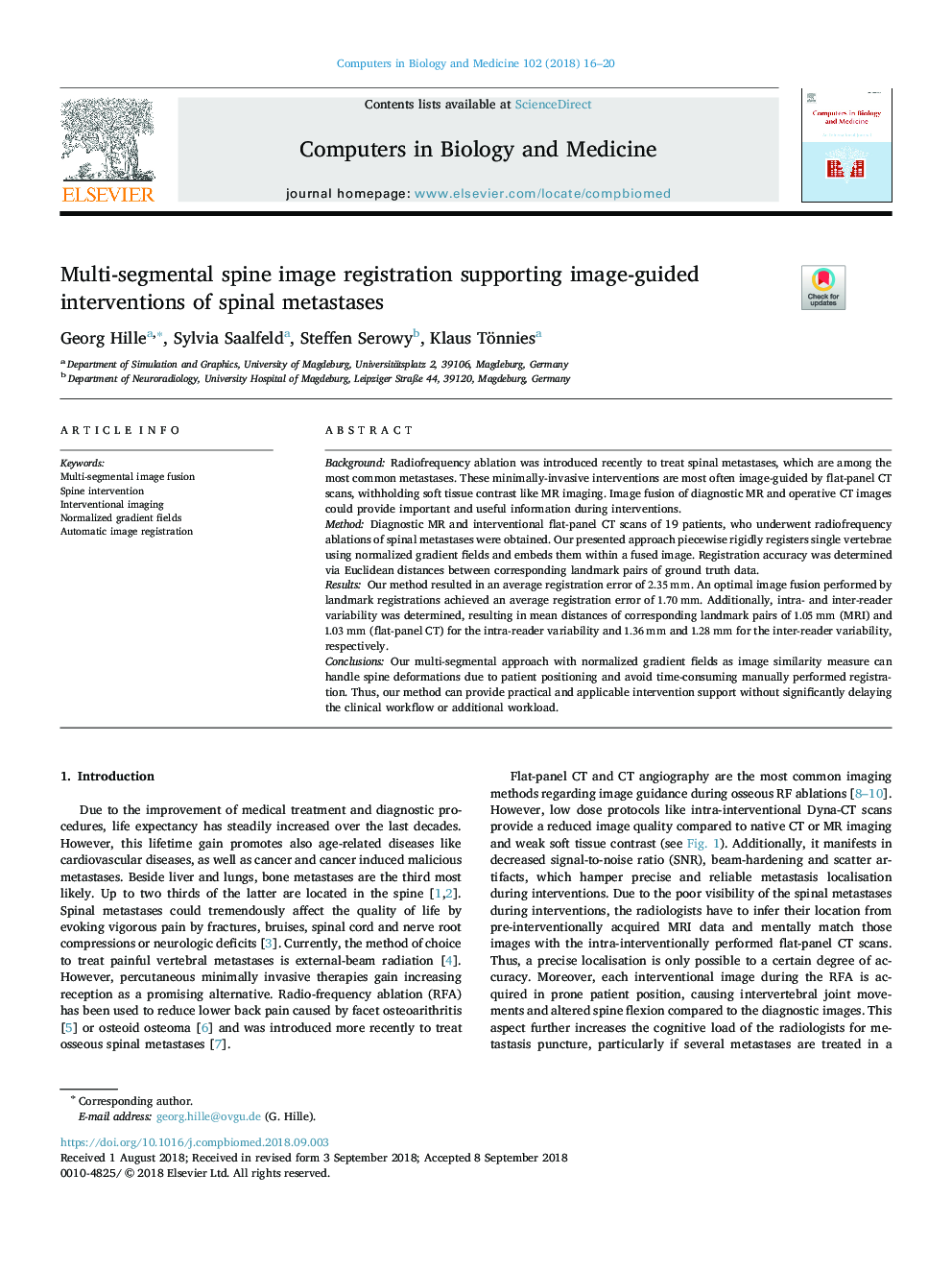 Multi-segmental spine image registration supporting image-guided interventions of spinal metastases