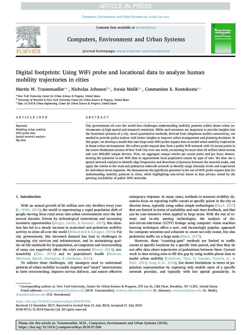 Digital footprints: Using WiFi probe and locational data to analyze human mobility trajectories in cities