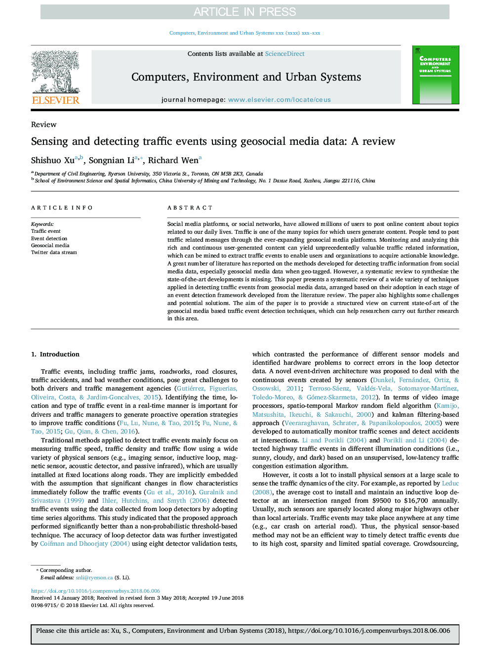 Sensing and detecting traffic events using geosocial media data: A review