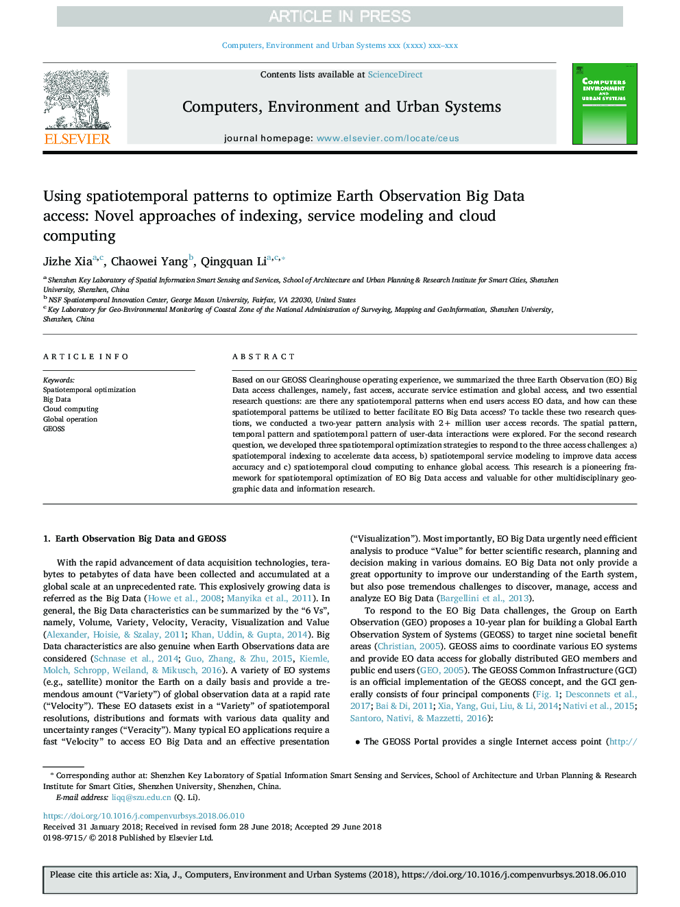 Using spatiotemporal patterns to optimize Earth Observation Big Data access: Novel approaches of indexing, service modeling and cloud computing