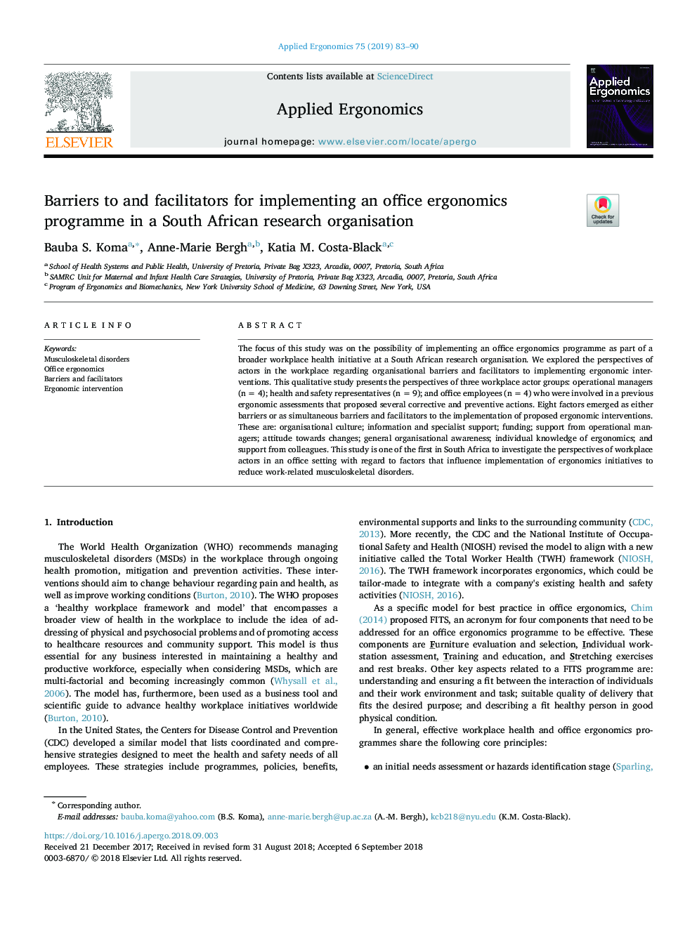 Barriers to and facilitators for implementing an office ergonomics programme in a South African research organisation